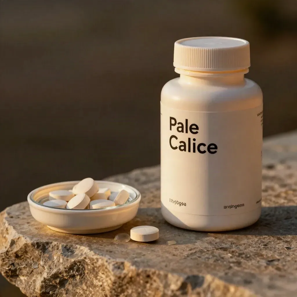 Macro of a pale supplement bottle, tablets dish, and condensation bead on stone in warm light.
