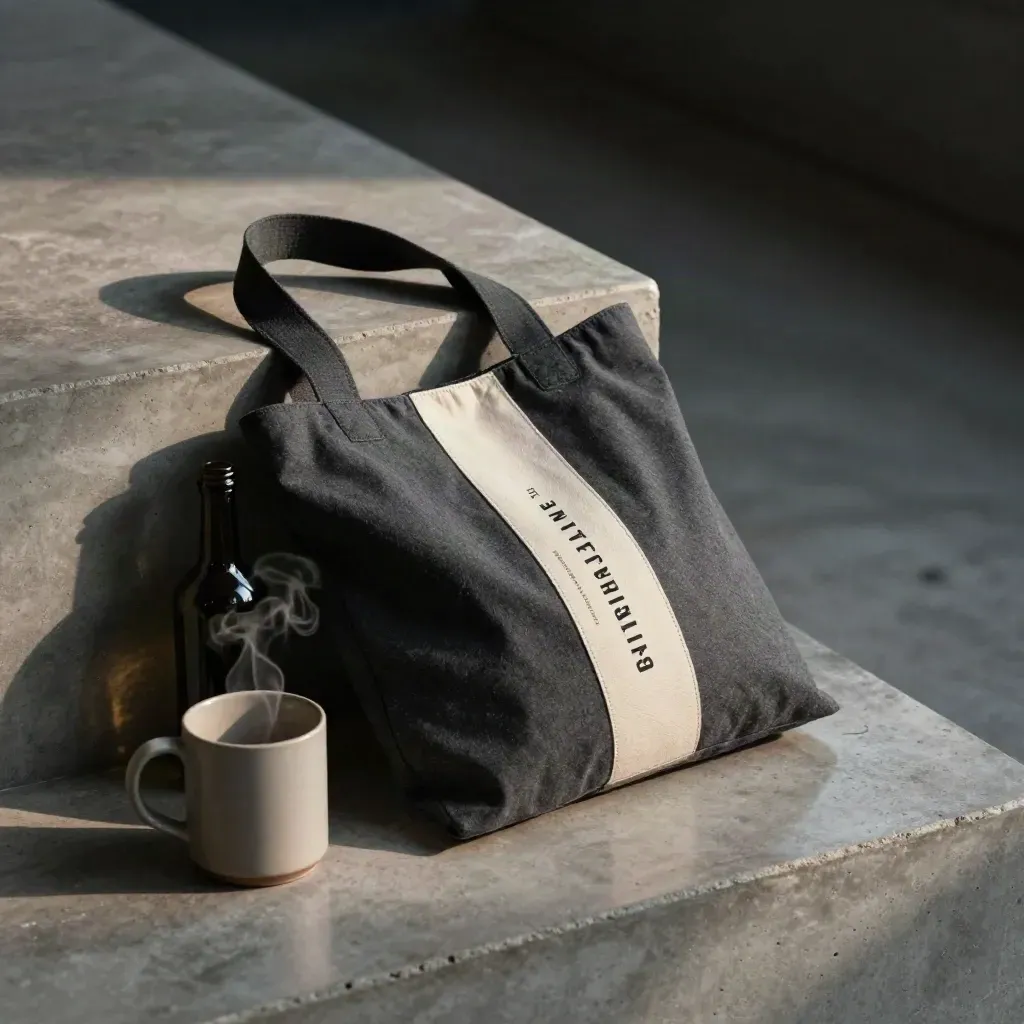 Steaming energy pack sleeve with dark bottle and mug on concrete in dramatic low light.
