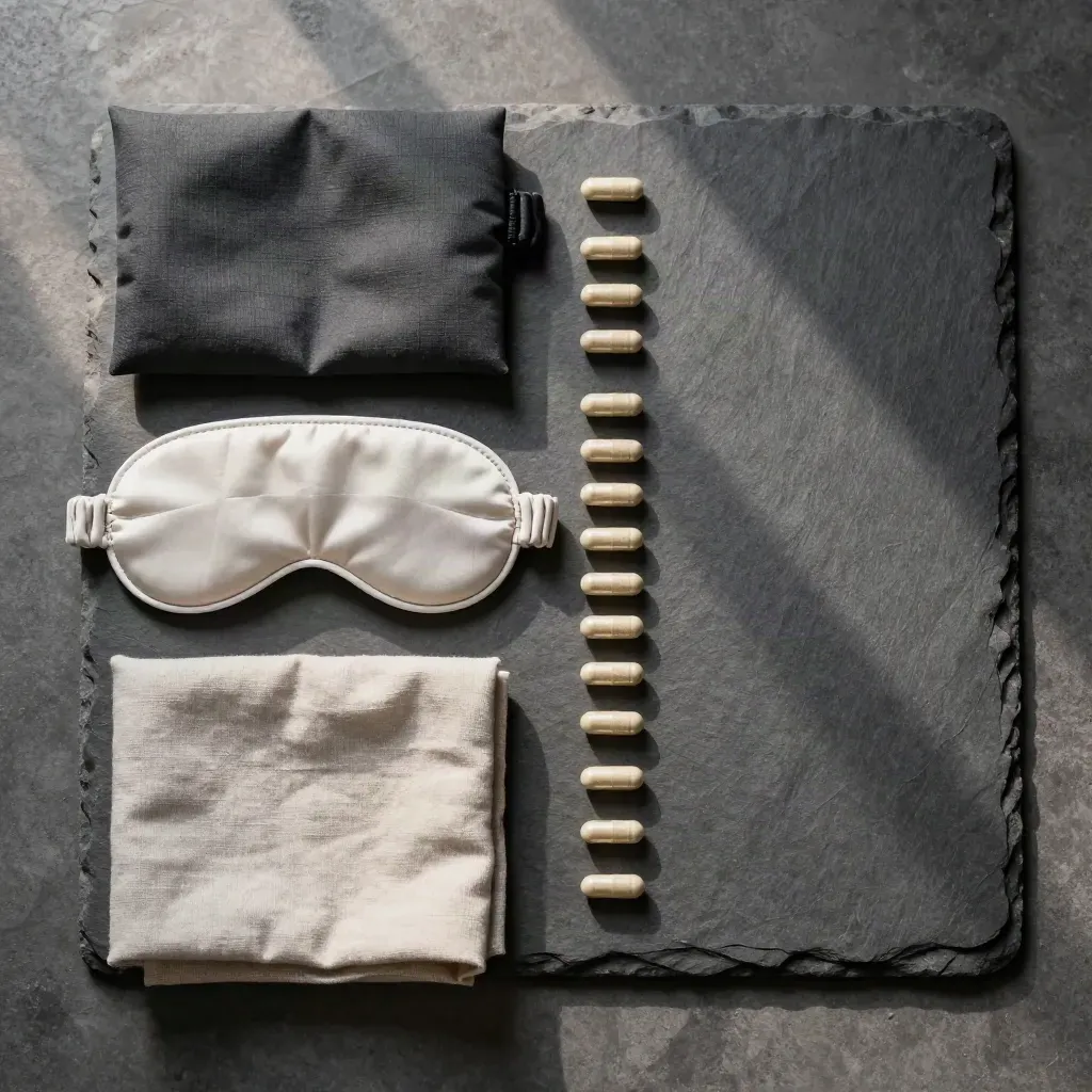 Top-down sleep supplement flatlay with pouch, eye mask, capsules, and linen cloth.