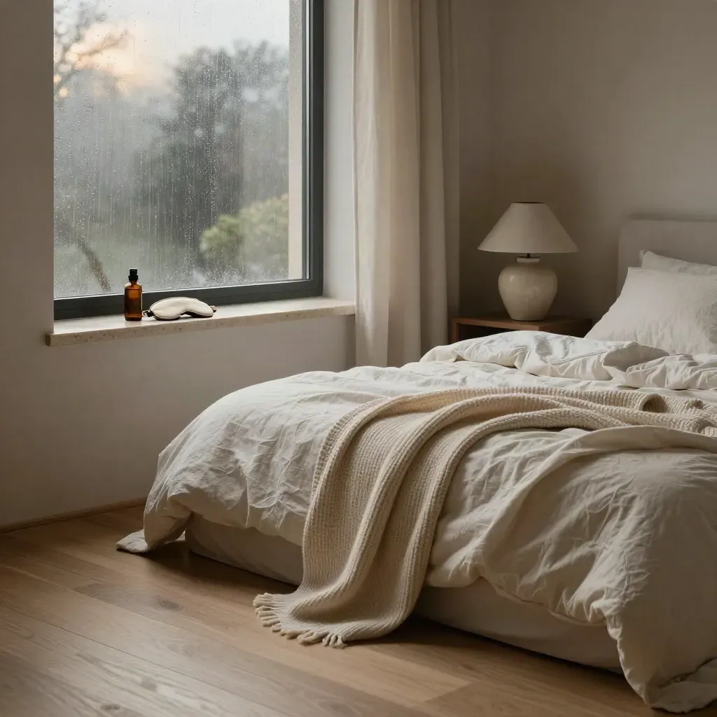 Ivory linen bedroom corner with lamp, rain-streaked window, and calm space for copy