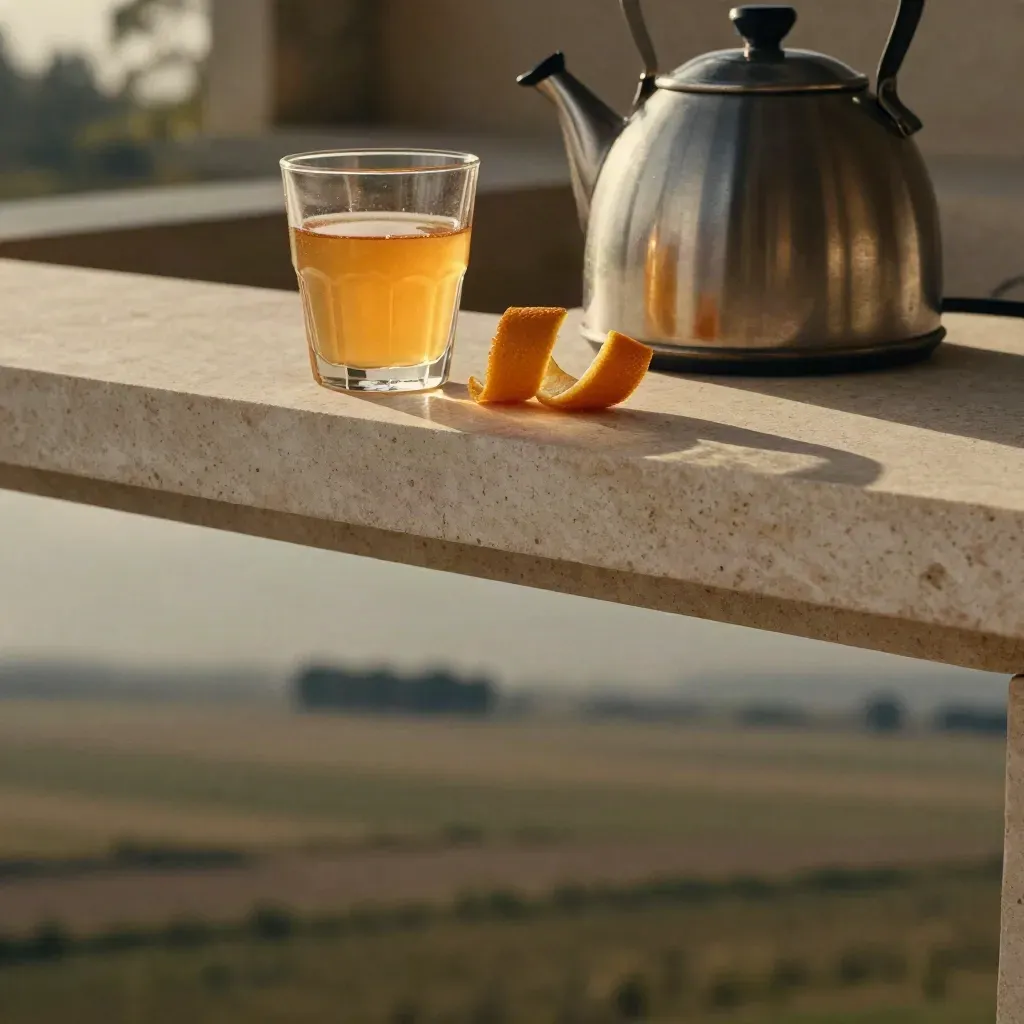 Limestone energy ledge with glass, citrus peel and steel kettle in sun