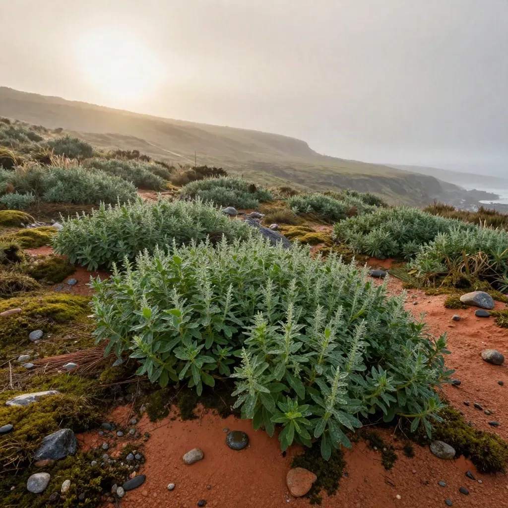 Fog lifts over a coastal herb slope with wet moss, clustered leaves and small stones