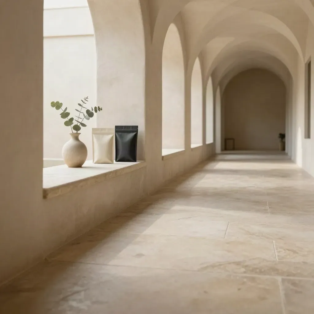 Sunlit plaster-arch corridor with eucalyptus and daily wellness packs above a calm stone floor.