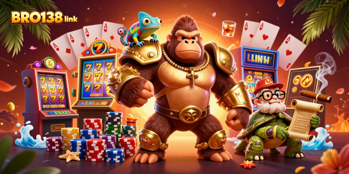 Engage with the thrilling BRO138 link slot experience featuring a powerful gorilla king and colorful game symbols.
