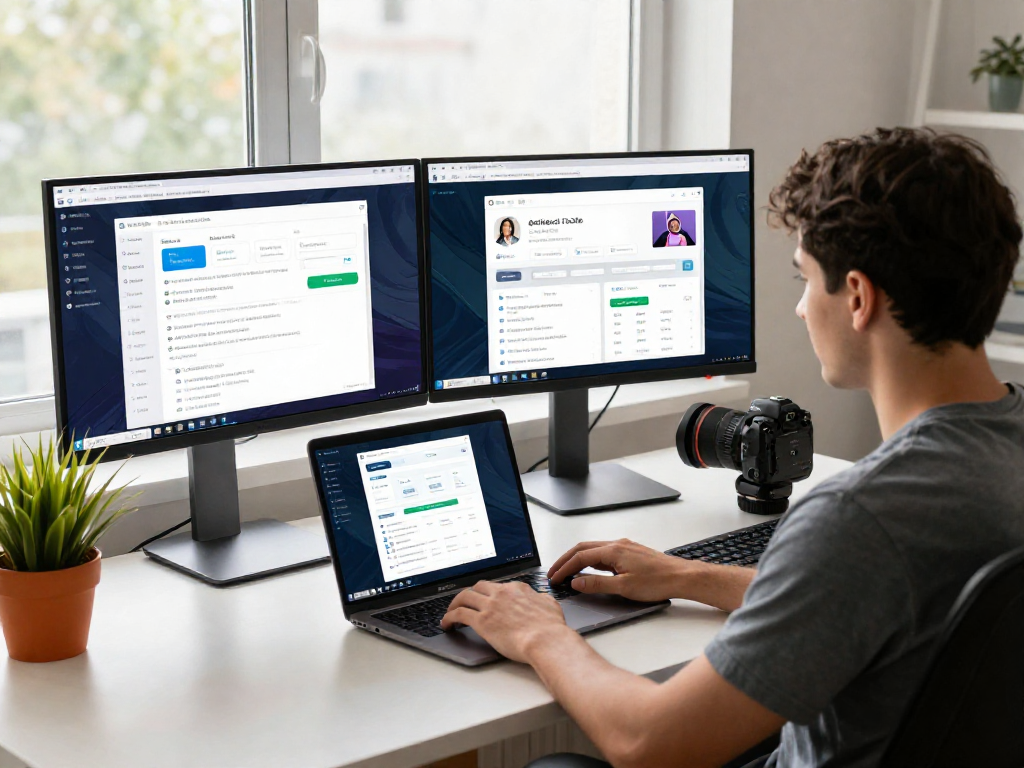 Professional managing multiple online accounts with an antidetect browser in a modern digital workspace.