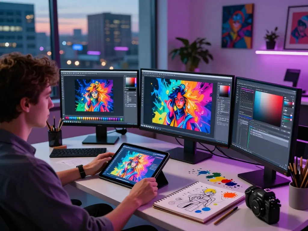 Artist creating NSFW AI digital art in a modern studio with vibrant colors