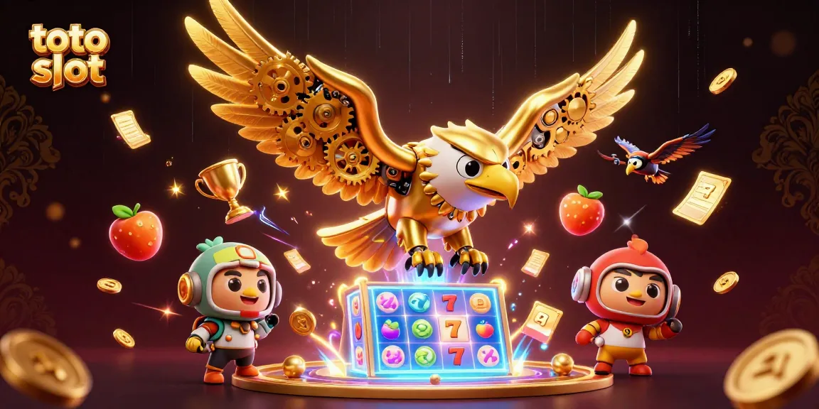 Engaging scene of a cybernetic eagle amid flying slot reels, showcasing the thrill of toto slot gaming.
