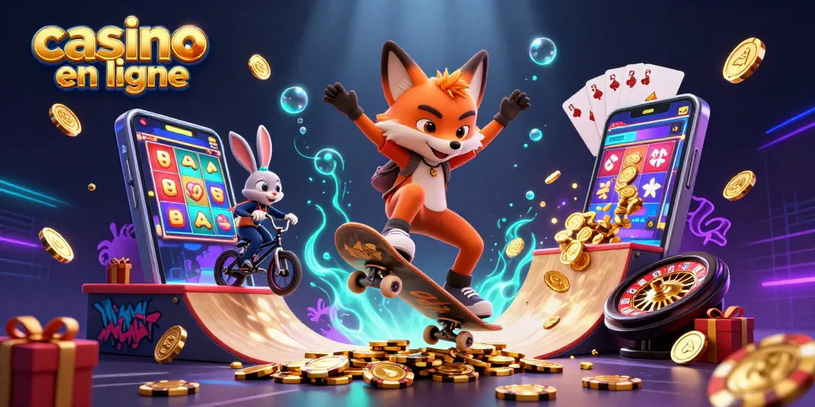 Illustration dynamique de casino en ligne avec un renard skateur et un lapin BMX, entourés de jeux et de symboles de casino.