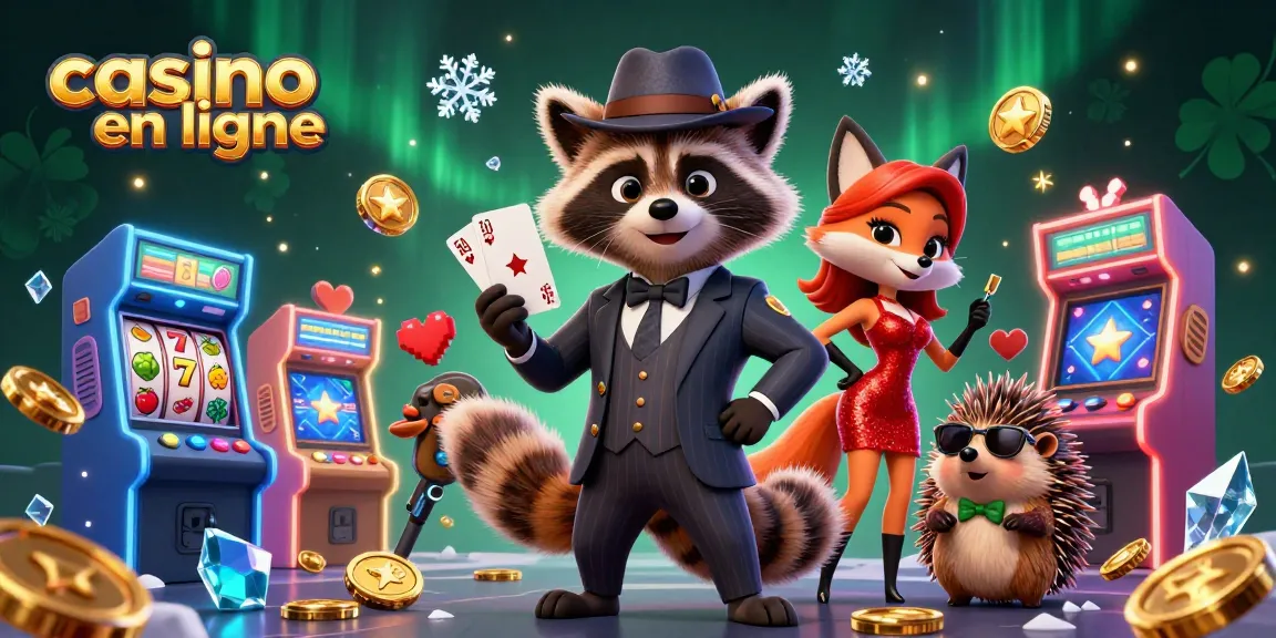 Jouer dans un casino en ligne avec une illustration colorée d'un raton laveur, une renarde et un hérisson.