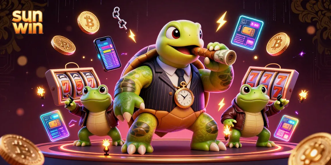 Engage in thrilling slots action with Sun Win's vibrant casino scene featuring a snapping turtle and bullfrog enforcers.