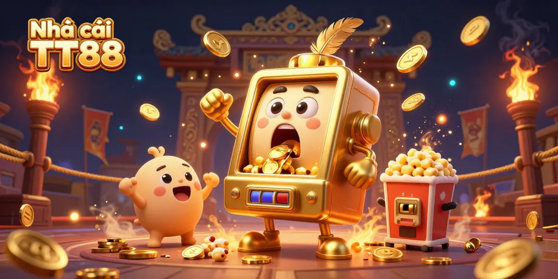 Experience the excitement at Nhà cái TT88 with a cartoon slot machine hitting a jackpot and surrounded by cheering allies.