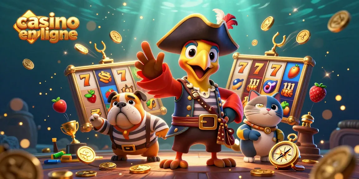 Visitez le casino en ligne avec notre illustration dynamique combinant un pirate, un bulldog et un chat navigant.