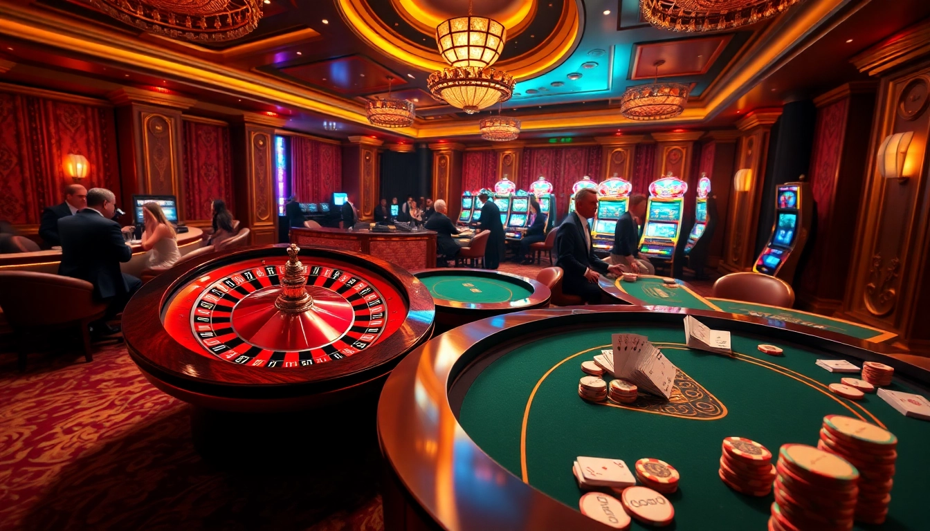 Experience a lively Non gamstop Casino Uk scene with poker and roulette tables, vibrant atmosphere.