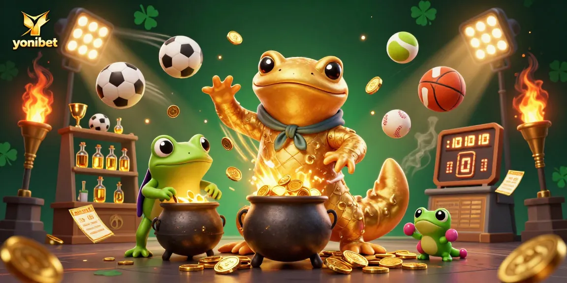 YoniBet showcases thrilling gaming experiences, featuring a giant salamander alchemist and dynamic sports betting elements.