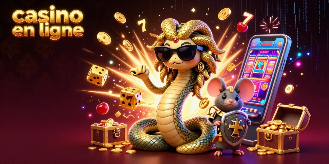 Illustration joyeuse de Medusa et un guerrier souris avec des machines à sous pour un casino en ligne.