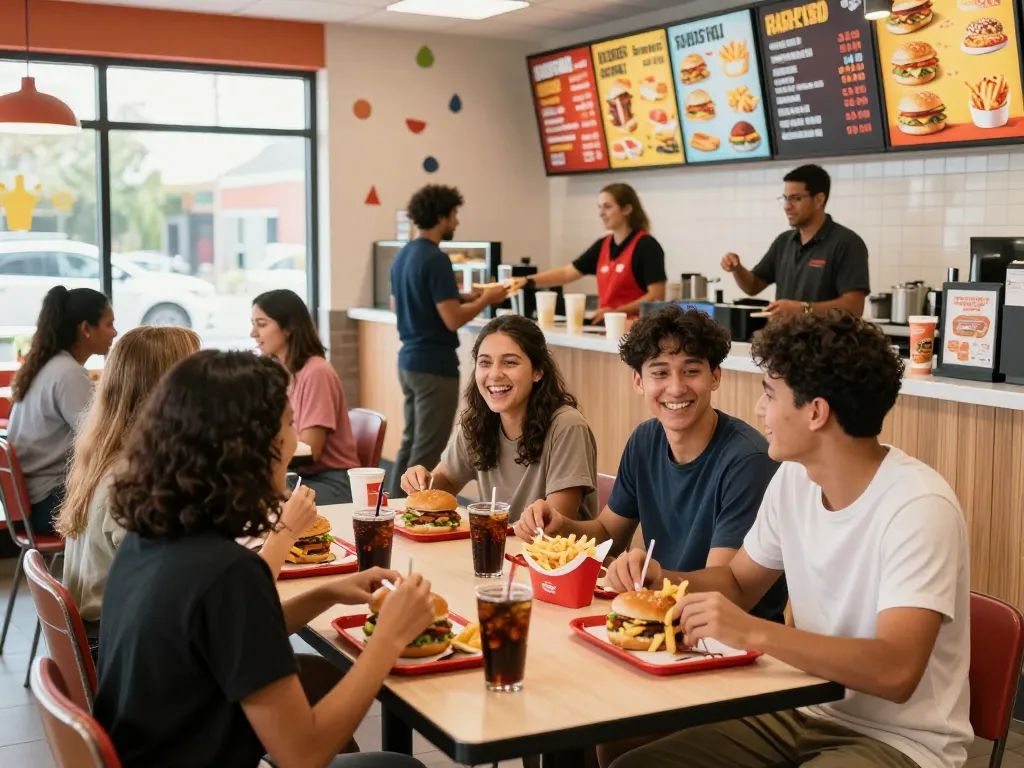 Group of friends enjoying fast food meals in a lively restaurant, showcasing current fast food prices.