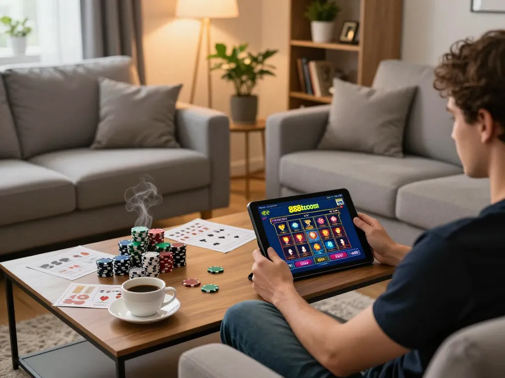 Engaging online gaming scene featuring a player using 888top com for an interactive casino experience at home.