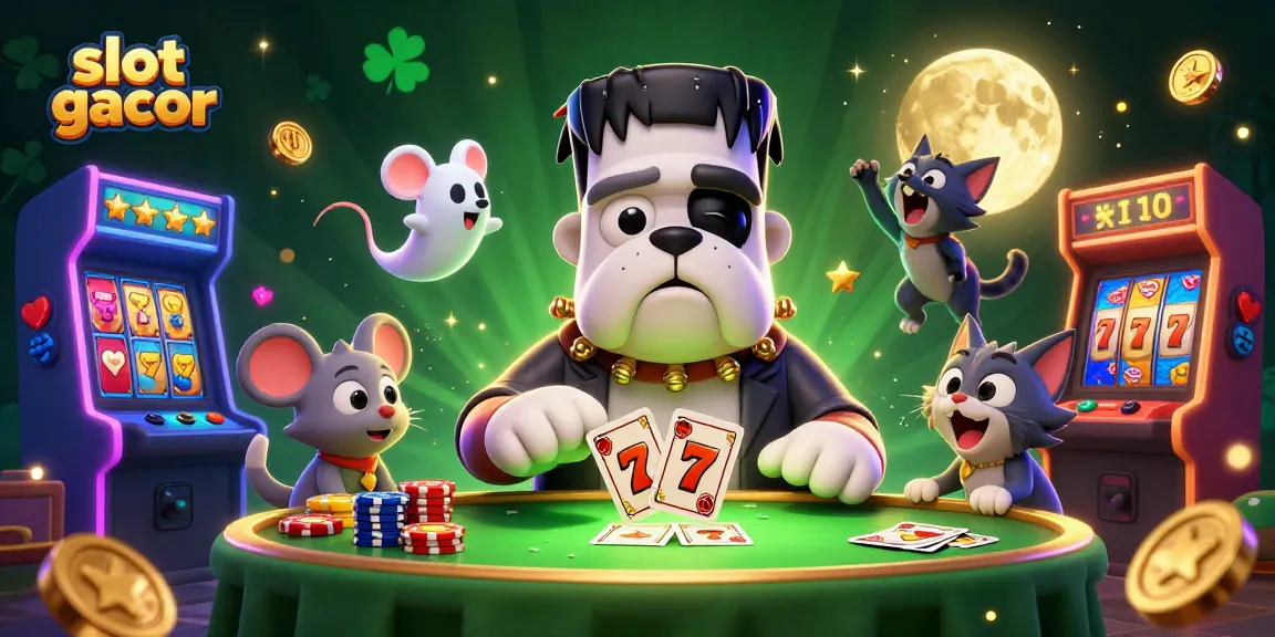 Mainkan slot gacor dengan karakter lucu dan mesin slot yang berkilauan dalam ilustrasi penuh warna.