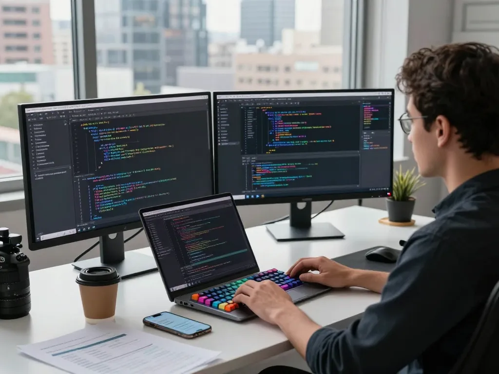 Developer using clawbot for coding tasks in a modern office workspace