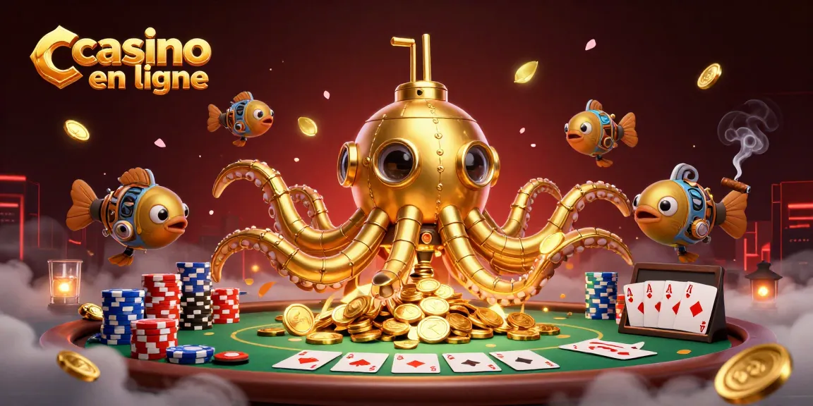 Gagnez dans le casino en ligne avec une illustration de kraken doré et des éléments de poker.