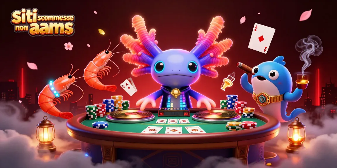 Giocatori che scommettono in un'illustrazione 3D con siti scommesse non AAMS e vari elementi di poker, evidenziando azione e festa.