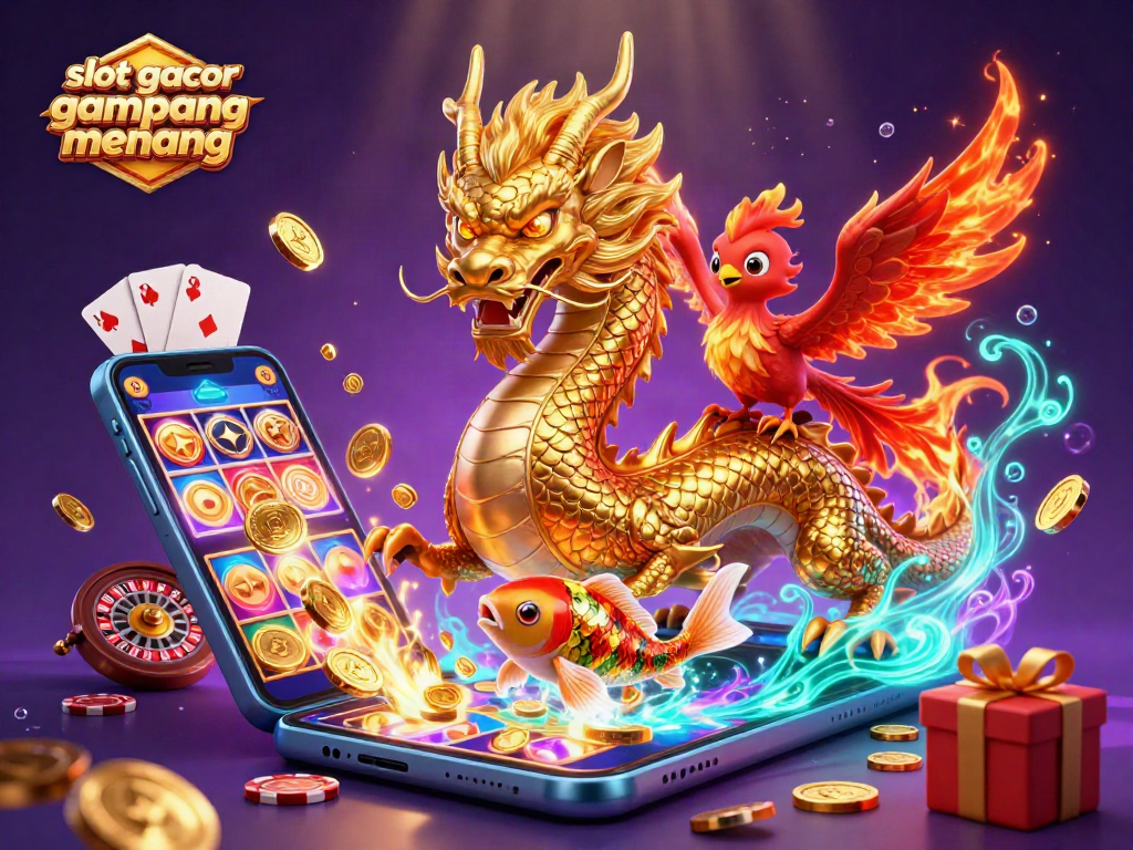 Engage with slot gacor gampang menang in a vibrant casino scene featuring a stunning dragon and lucky fish.