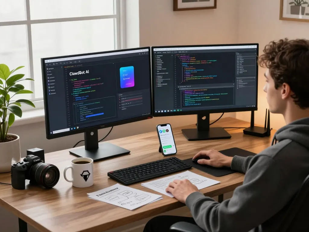 Developer utilizing ClawdBot AI in a modern home office, showcasing a unique coding and task automation setup.