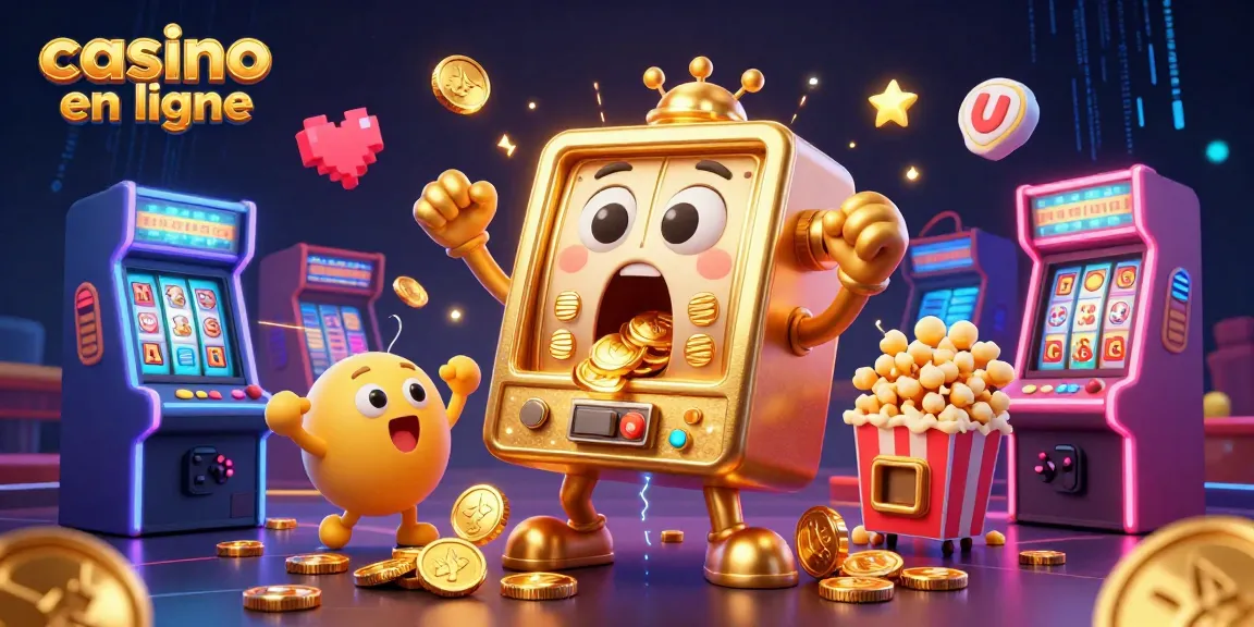 Jouer au casino en ligne avec la machine à sous dorée qui gagne un jackpot et déverse des pièces, ambiance festive.
