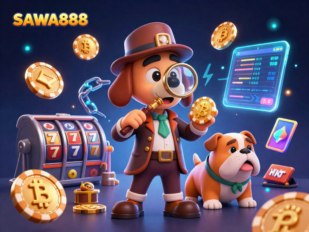 Join SAWA888 to uncover treasures in this vibrant casino scene filled with poker clues and crypto elements.
