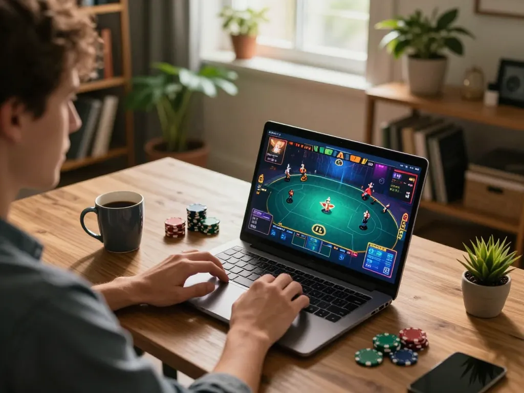 Player enjoying poker on laptop at home while engaging with 3win com games.