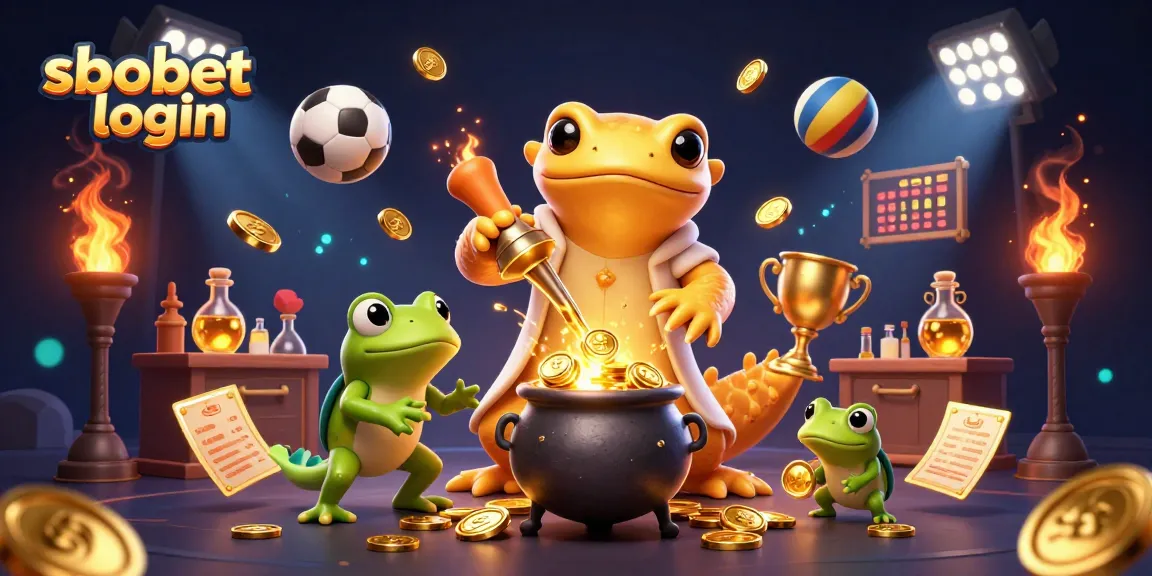 Experience sbobet login with an exciting 3D illustration of alchemy and sports betting elements.