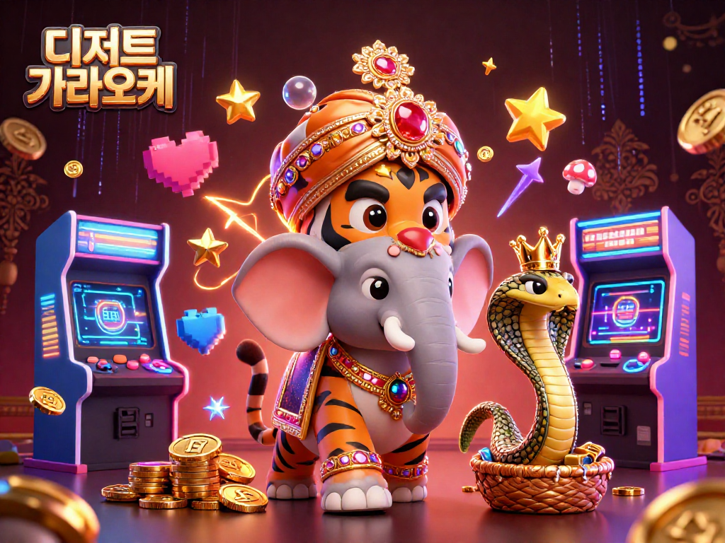 디저트 가라오케에서 화려한 장식의 코브라와 함께하는 호랑이와 코끼리 일러스트