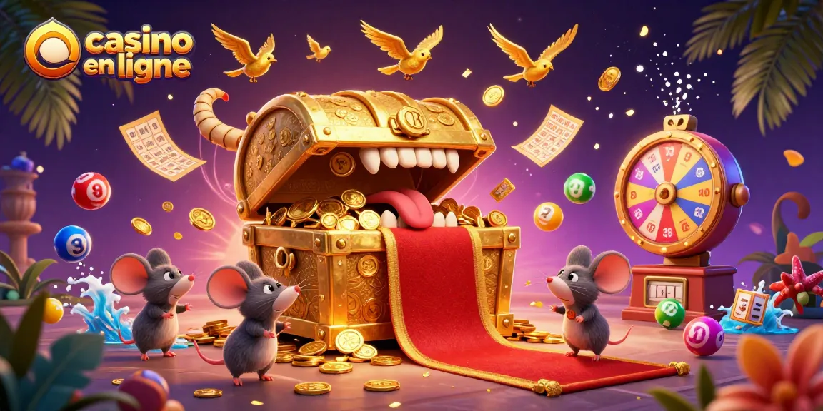 Illustration captivante de casino en ligne avec un coffre au trésor et des éléments de loterie dynamiques.