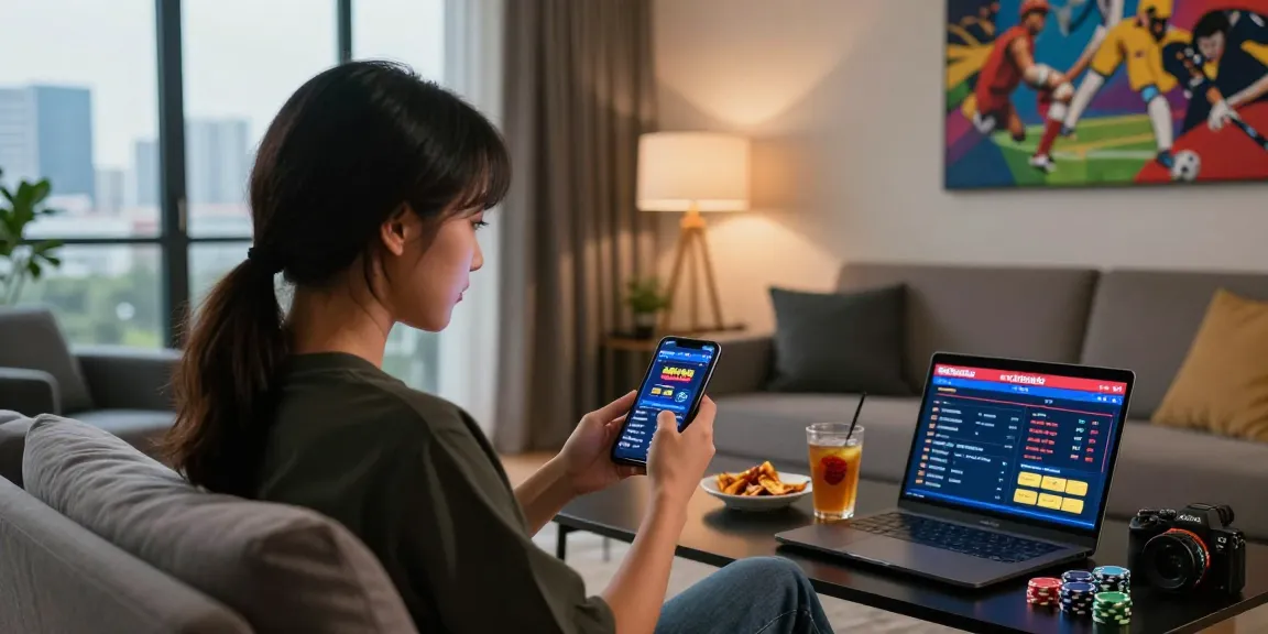 Engaged user exploring rokok88 daftar on smartphone in stylish gaming setup.
