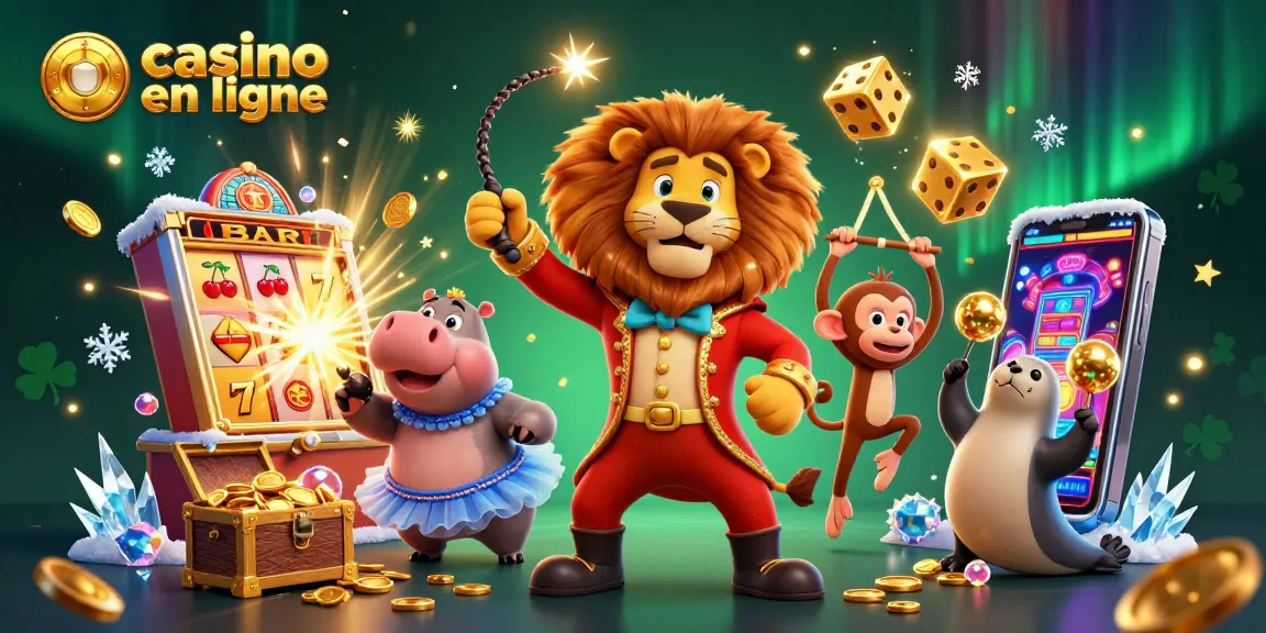 Plongez dans l'univers du casino en ligne avec ce lion maître de cérémonie entouré d'une scène vibrante.