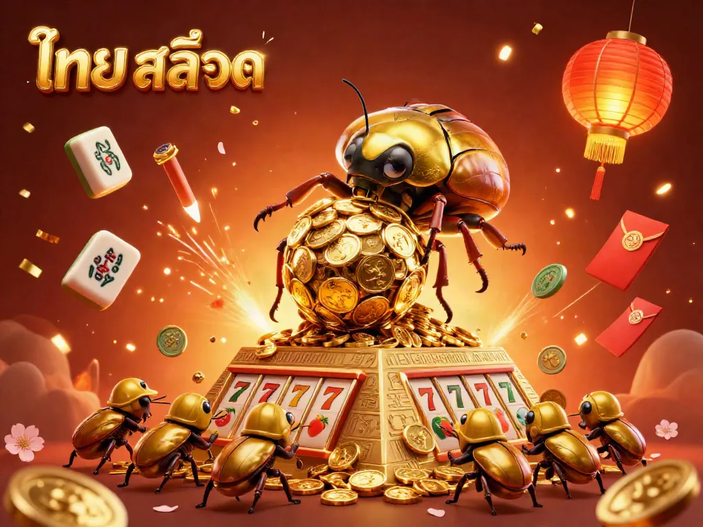 Experience the thrill of ไทย สล็อต with a dynamic scene of golden beetles rolling coins and vibrant casino symbols.