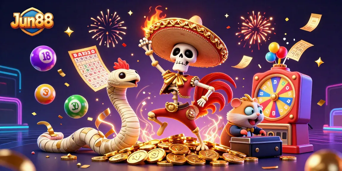 Experience the exciting world of Jun88, where skeletons celebrate winnings amid vibrant casino action.