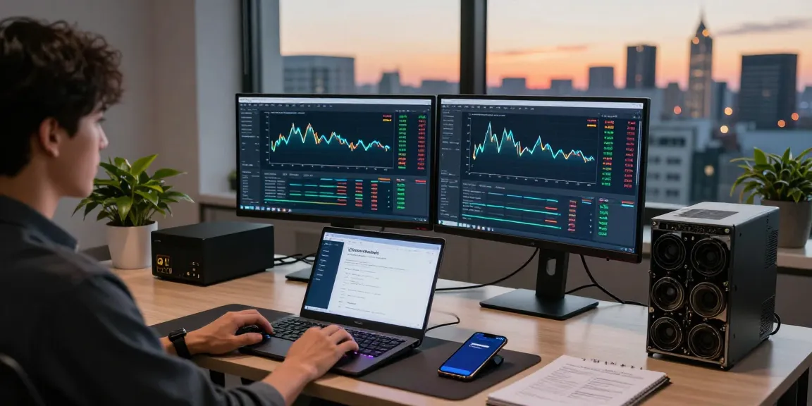 Engaging crypto cloud mining scene with modern tech setup featuring mining statistics and digital wallet