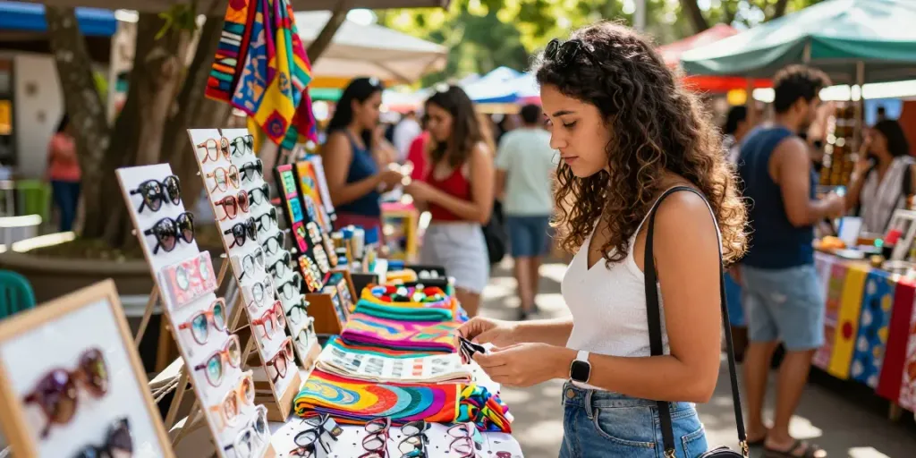 Mulher explorando mercado ao ar livre com várias opções de lentes de contato coloridas e estilizadas.