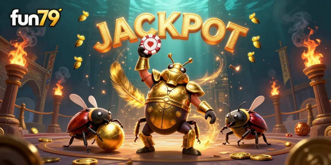 Experience thrilling victories at fun79 with a dynamic 3D illustration showcasing a heroic beetle in gladiator armor celebrating a jackpot.
