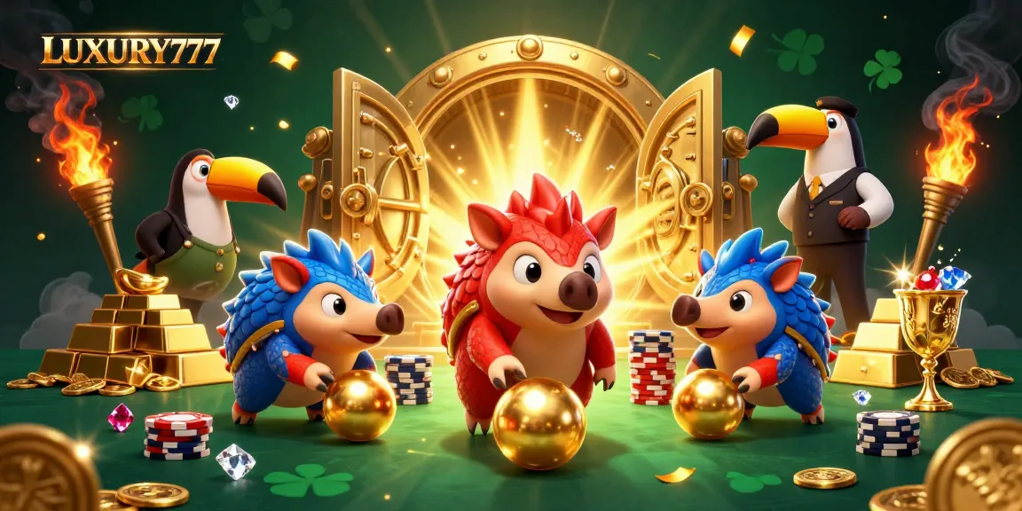 Permainan LUXURY777 menampilkan pangolin bersaing dengan bola emas dan chip poker berkilau.