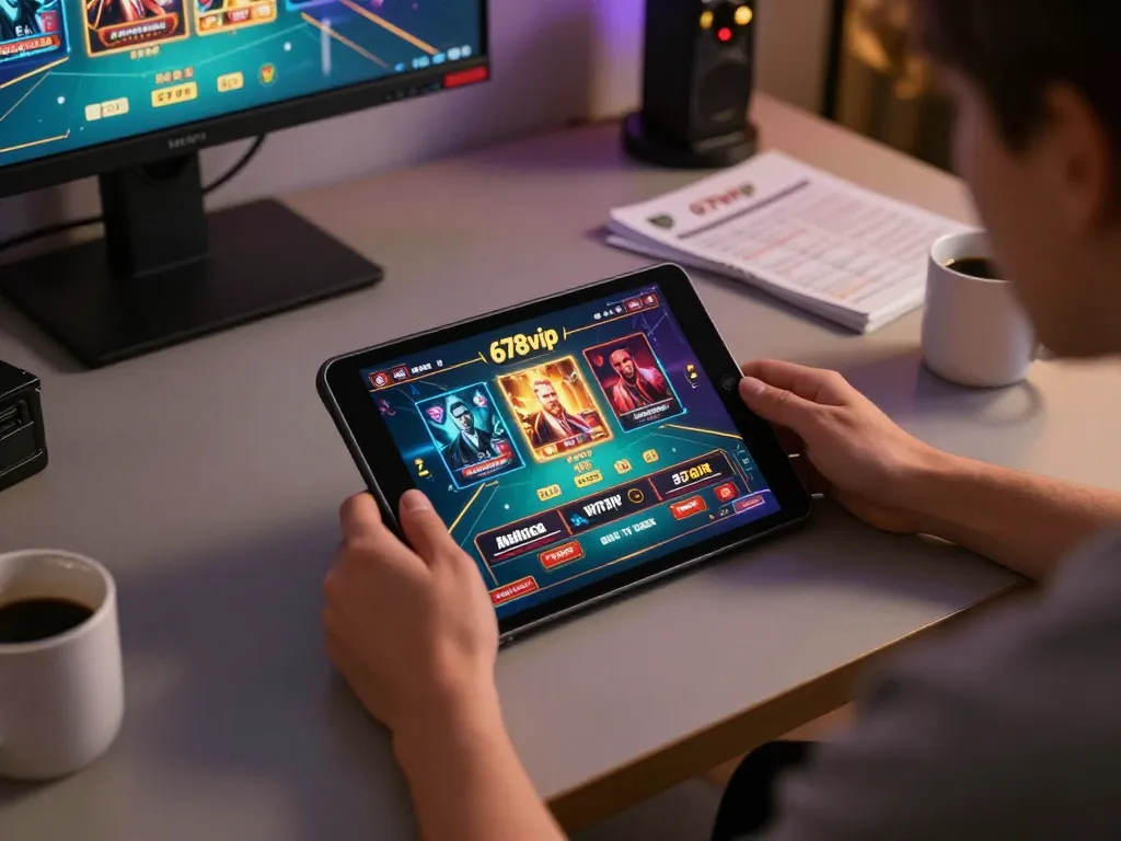 Engaged player using 678vip online casino app, showcasing an exciting home gaming setup