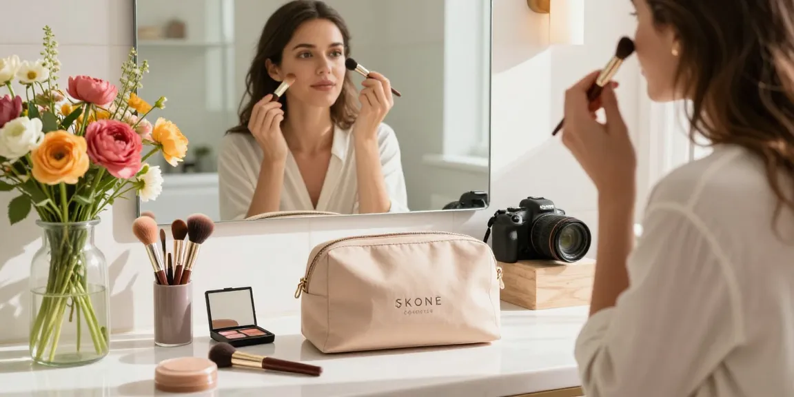 Skone cosmetics signature makeup bag stylishly displayed during a morning beauty routine.