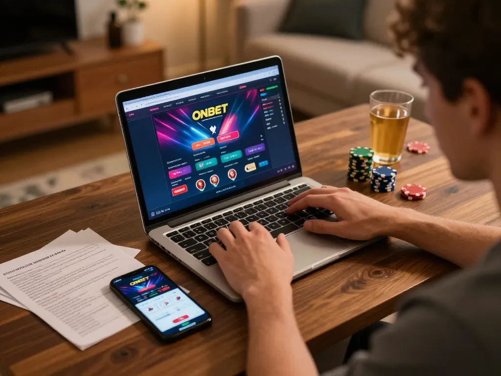 Engaging online gaming scene with Onbet poker interface and focused player