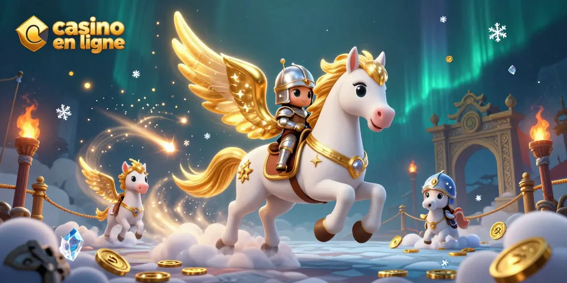 Explorez des jeux sur un casino en ligne avec un cheval céleste et des cavaliers dans un décor dynamique.