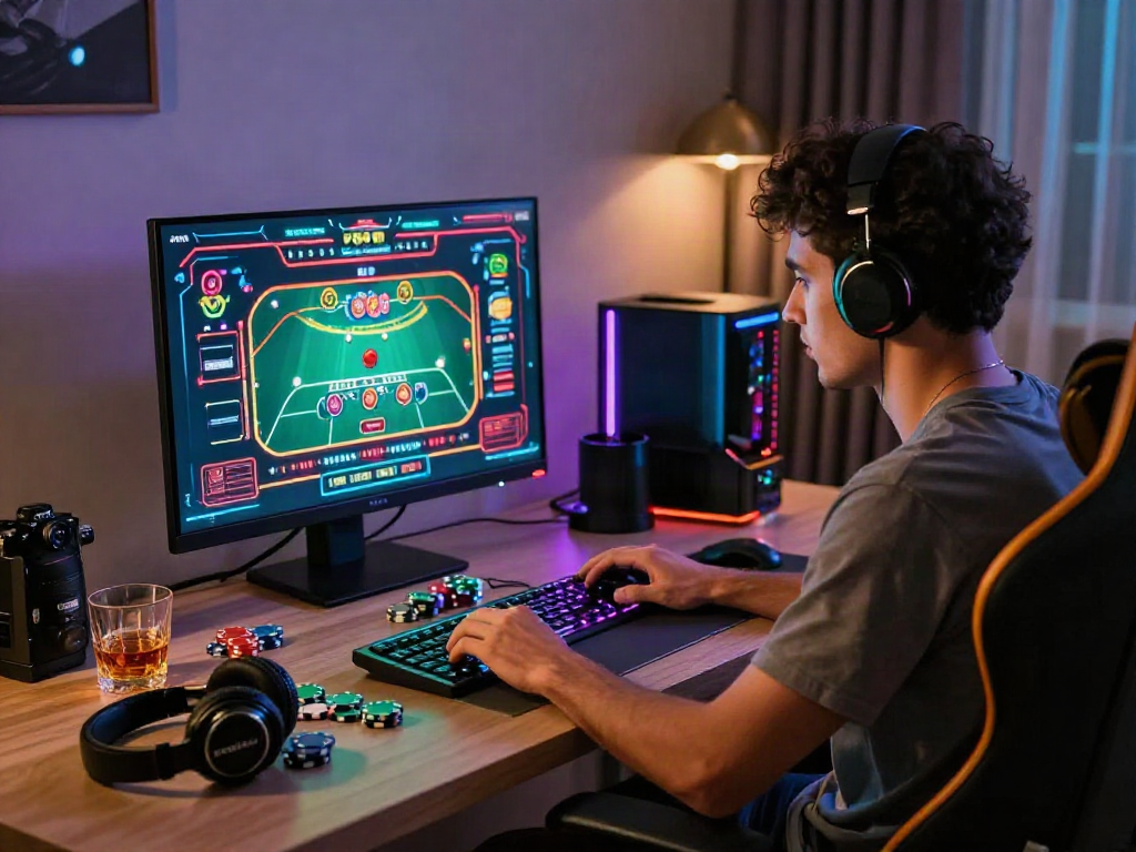 Gamer menikmati permainan luxury12 di ruang bermain modern dengan suasana mewah dan pencahayaan menarik.