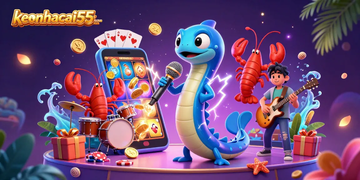 Engage with keonhacai55chuan's vibrant underwater casino scene featuring an electric eel DJ and playful game elements.
