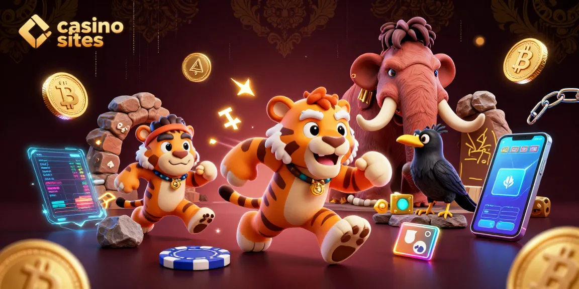 Engage with dynamic casino sites featuring a thrilling illustration of a caveman and sabertooth duo among glowing crypto elements.