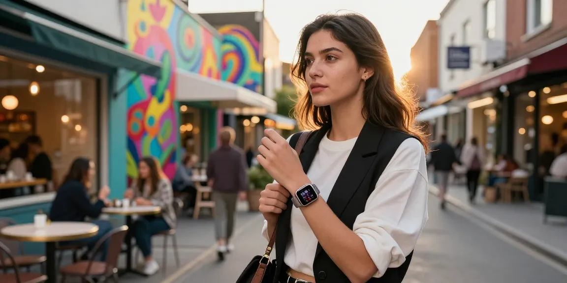 Wanita muda dengan Fitbit Luxe, tampil stylish di jalan kota, menunjukkan gaya hidup sehat dan modern.