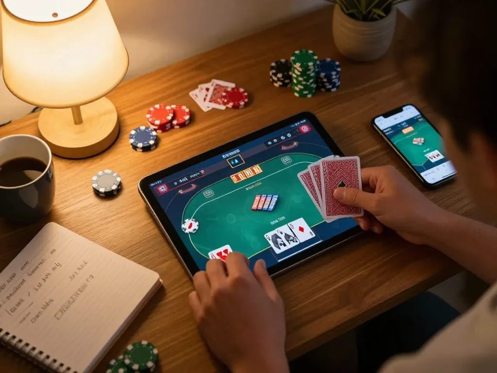 Engaging moment on trang chu dh88 with players actively enjoying an online poker game at home.